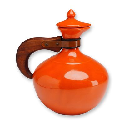 Bauer Pottery MCM Orange Carafe with Lid and Wooden Handle