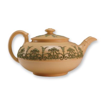 Wedgwood Caneware Lidded Teapot with Green Arabesque Relief