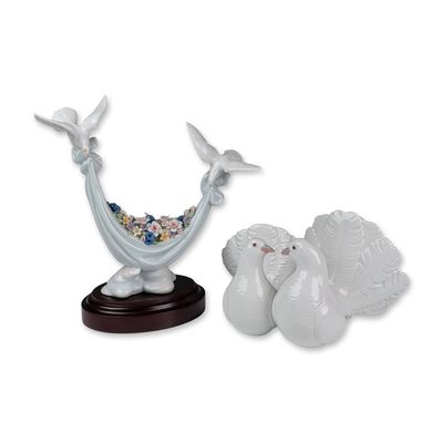 Two Lladro Glazed Porcelain Figurines, Dove Pair 01001171 and Petals of Peace 01006579