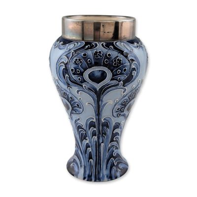 Moorcroft Florian Ware Peacock Feather Vase With Sterling Silver Collar