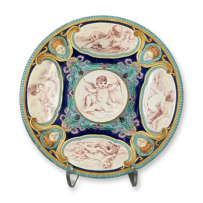 Wedgwood Majolica Figurative Charger with Putti Scenes and Classical Masks