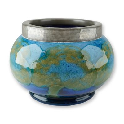 Moorcroft Pottery and Pewter Sugar Bowl, Moonlit Blue