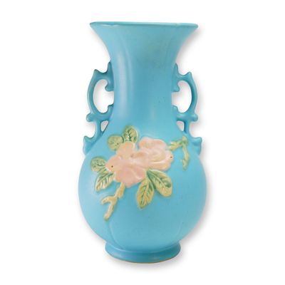 Weller Pottery Blue Vase with Pink Embossed Flower, Wild Rose