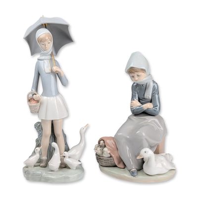 Two Lladro Porcelain Figurines, Girl with Umbrella and Geese 01004510 & Girl with Ducks 01001267