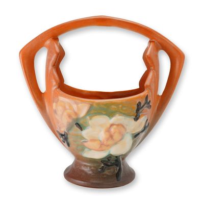 Roseville Pottery Magnolia Pattern Handled Basket Vase 383-7
