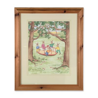 Denise Andrews 1994 Framed Original Watercolor Bunnykins Painting, The Playground Roundabout