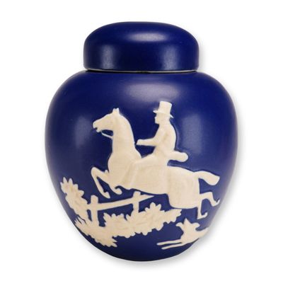 Weller Pottery Cobalt Blue Equestrian Covered Ginger Jar, Chase