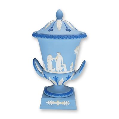 Wedgwood Light Blue Jasperware Campagna Pedestal Urn and Cover