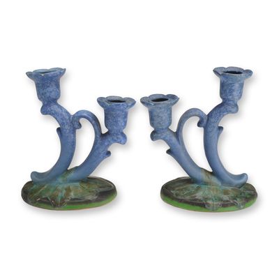 Pair of Weller Pottery Double Candle Holders, Sydonia Blue
