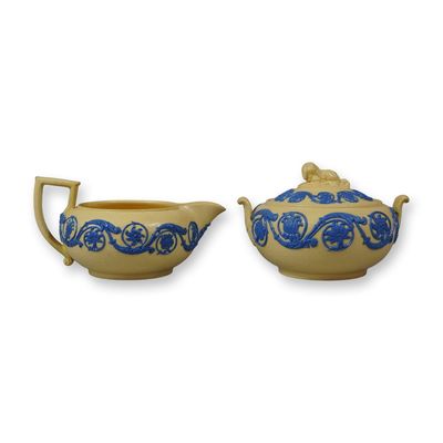 2pc Wedgwood Blue Relief Cane Stoneware Creamer and Covered Sugar Bowl