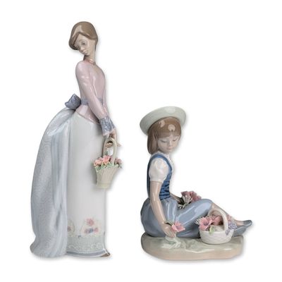 Two Lladro Porcelain Figurines, Basket of Love 01007622 & Picking Flowers 01001287