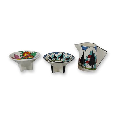 3pc Wedgwood Bizarre by Clarice Cliff Creamer and Footed Bowls, May Avenue and Orange Roof Cottage