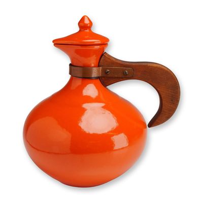 Bauer Pottery MCM Orange Glazed Carafe with Lid and Wood Handle
