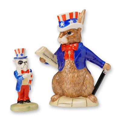 2pc Royal Doulton Bunnykins U.S.A. President Teapot, and Peggy Davies Bulldog Uncle Sam Figurine
