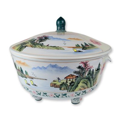 Monumental 20th Century Chinese Porcelain Footed Covered Bowl