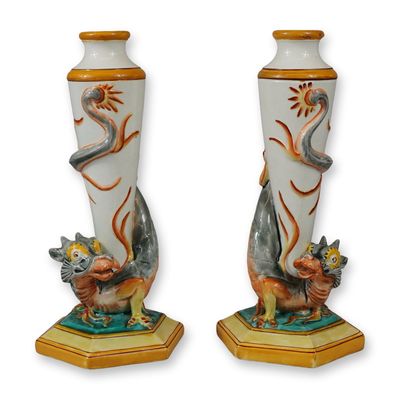 Pair of Wedgwood Majolica Mythical Beast Candlestick Holders