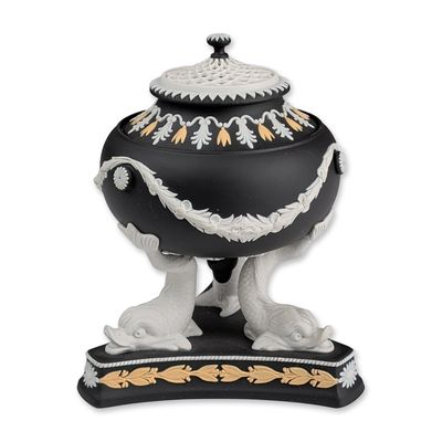 Wedgwood Tri-Color Jasperware Dolphin Lidded Tripod Potpourri Urn