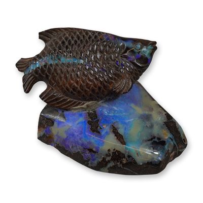 Australian Boulder Opal Fish Figurine on Ironstone Base