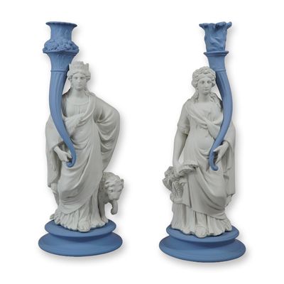 Pair of Wedgwood Genius Collection Bicolor Jasperware Candlesticks, Ceres and Cybele