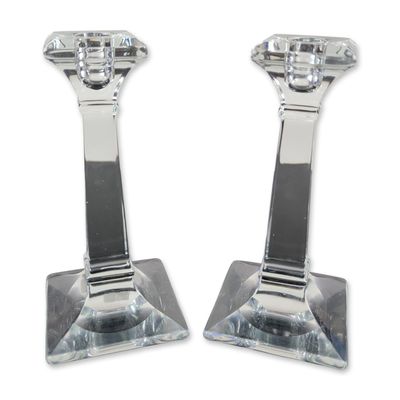 Pair of Vintage Glass Column Candlesticks, Attributed to Heisey, Aristocrat Pattern