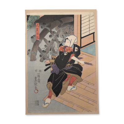Utagawa Toyokuni III (Japanese (1786-1865) Woodblock Print, Warrior Ascending a Staircase