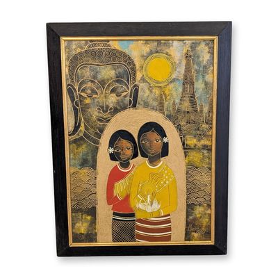 Manoon Tumsri (Thai b. 1943) Carved Painting on Panel, Thai Figures with Lotus, Signed and Dated