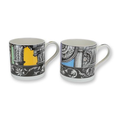 2pc Wedgwood Bone China Architectural Mugs, Green Corinthian and Blue Doric