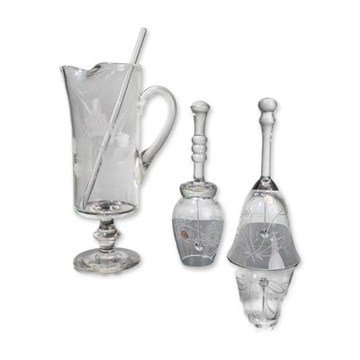 4pc Romanian Cut and Etched Glass Cocktail Pitcher and Hand Bells