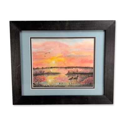 Watercolor on Paper Contemporary Wetland Sunset Landscape