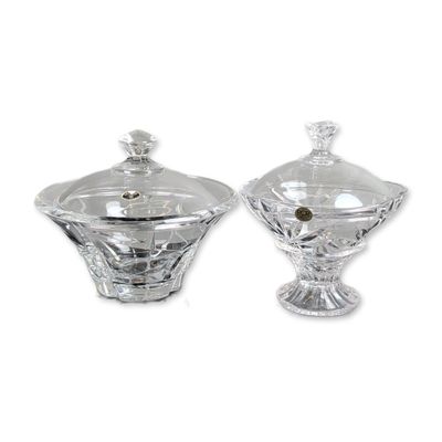 2pc European Cut Lead Crystal Lidded Pedestal Bowls
