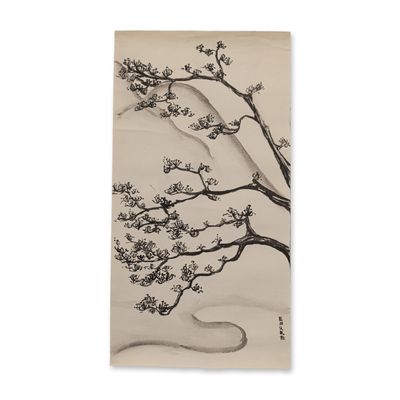 Japanese Ink on Paper Flowering Plum Branch Painting