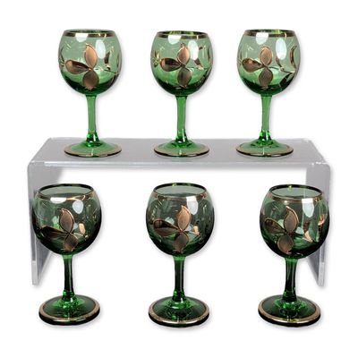 6pc Bohemia Gilded Green Glass Cordials