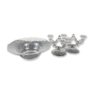 Three-Piece American Etched Glass Candelabra and Centerpiece Bowl