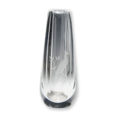 Orrefors Clear Crystal Faceted Bud Vase with Etched Bird