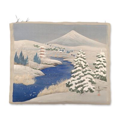 Japanese Painted Silk Landscape Painting, Snowy Peaks, Signed