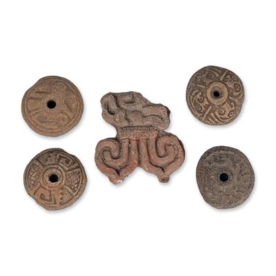 5pc Pre-Columbian Pottery Spindle Whorls and Stamp