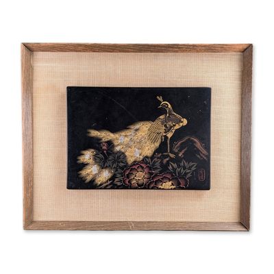 Japanese Lacquer Peacock Decorative Panel w/ Red Seal
