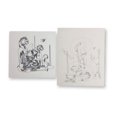 2pc Alfonso Rendon aka Masplata (Panamanian, 1957 - 2025), Pen and Marker on Board, Figuras and