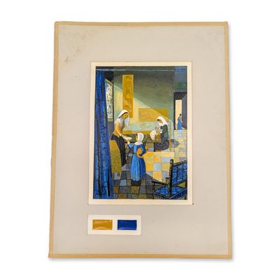 Mid-Century Modernist Oil on Paper Board, Baroque Domestic Setting