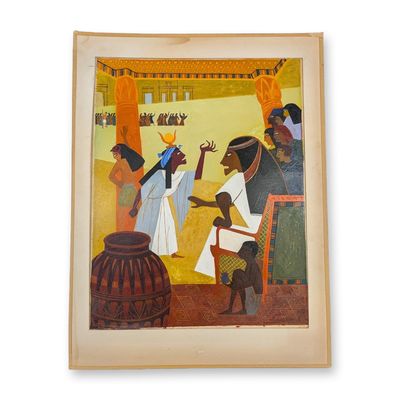 Mid-Century Modernist Oil on Paper Board, Egyptian Revival Narrative Scene