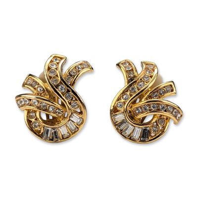 Pair of Gold Toned Rhinestone Swirl Clip Earrings