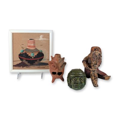 4pc Collection of Navajo Sand Art and Pre-Columbian Style Figures