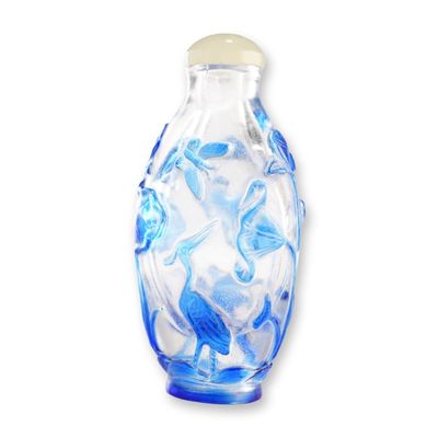 Peking Glass Snuff Bottle, Blue Overlay Lotus and Crane