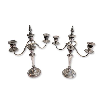 2pc Neoclassical Silver Toned Three-Light Candelabra