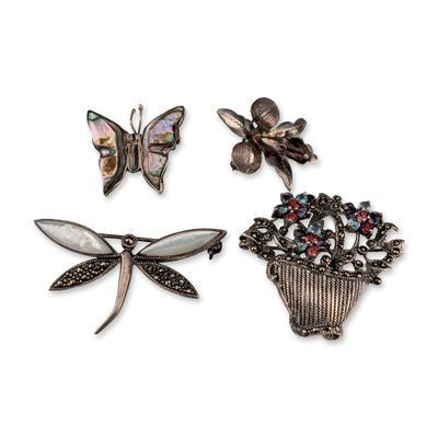 4pc Collection of Sterling Silver and Marcasite Nature Brooches