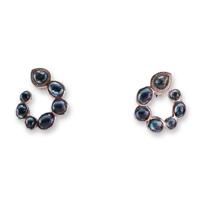 Ippolita Rock Candy Sterling Silver Blue Topaz and Diamond C-Shape Hoop Earrings