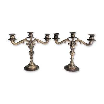 2pc Rococo Revival Style Silver-Toned Three Light Candelabra
