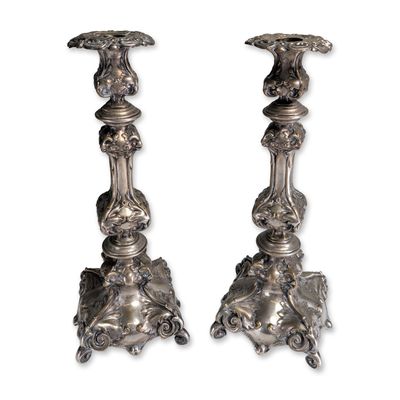 2pc Rococo Revival Silver-Toned Candlesticks