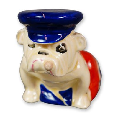 Royal Doulton Porcelain Small Figurine, Bulldog Draped in Union Jack with Trinity Cap D6183