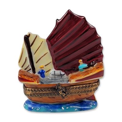 Limoges France Hand Painted Porcelain Junk Boat Trinket Box